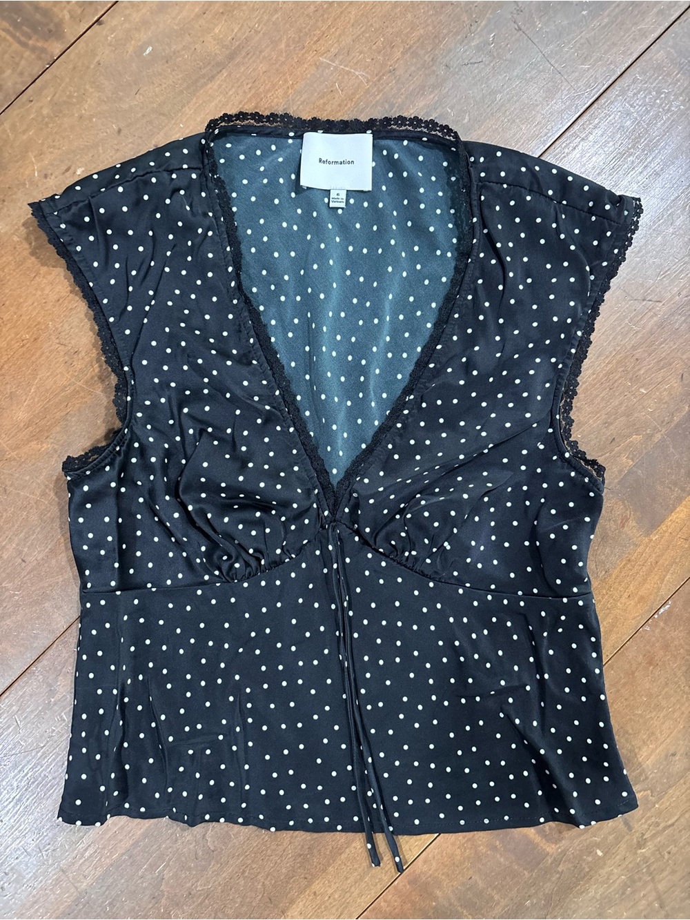 Reformation Black Polka Dot V-Neck Cap Sleeve Top Size 6